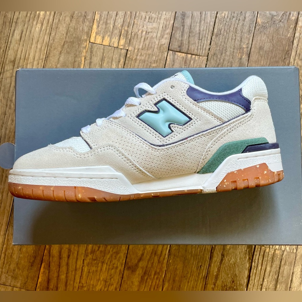 New Balance Women 550 Sneakers in Beige, Mint, Purple + Gum Sole